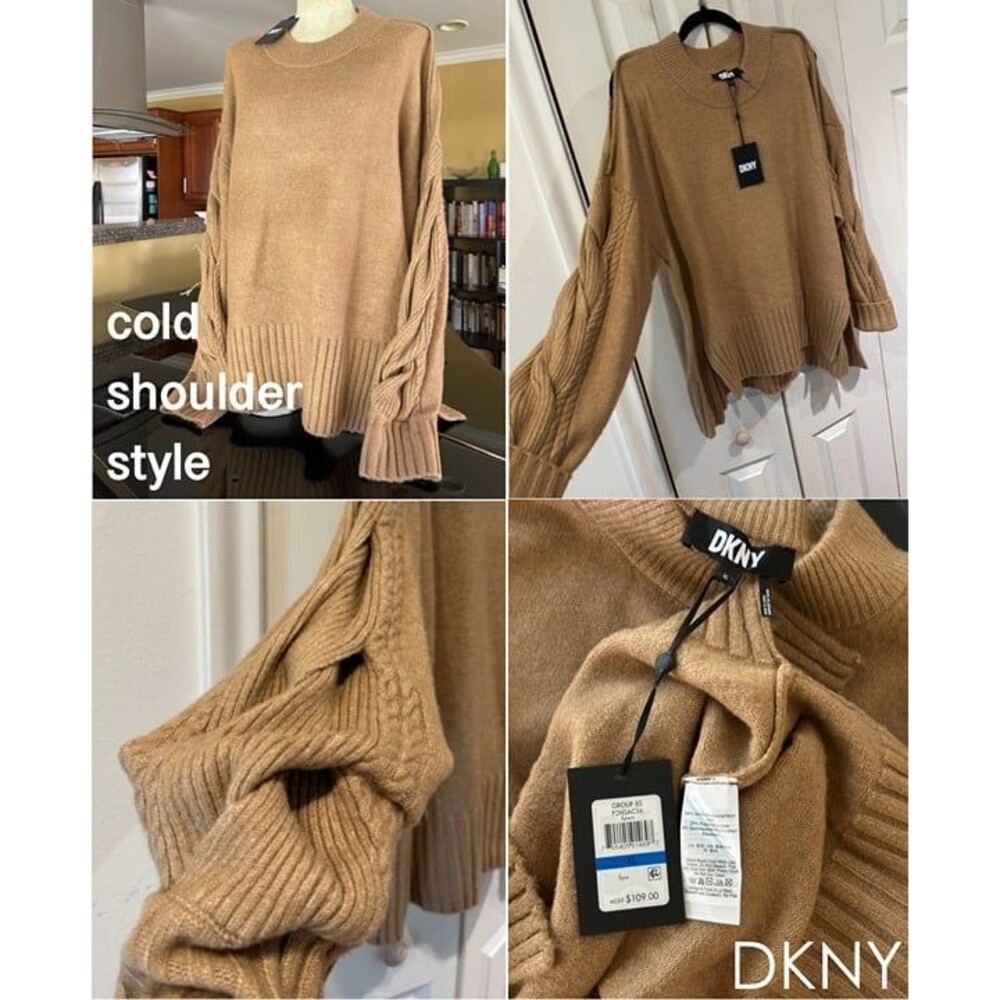 DKNY Mock Neck Split Cold Shoulder Oversized Cozy Sweater Cableknit Sleeve Tunic